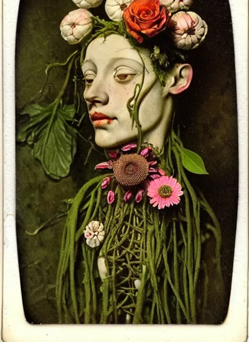 Image similar to beautiful and detailed rotten woman made of plants and many types of stylized flowers like carnation, daisy, chrysanthemum, anemone, roses and tulips, intricate, surreal, john constable, gustave courbet, caravaggio, romero ressendi, bruno walpoth 1 9 1 0 polaroid photo