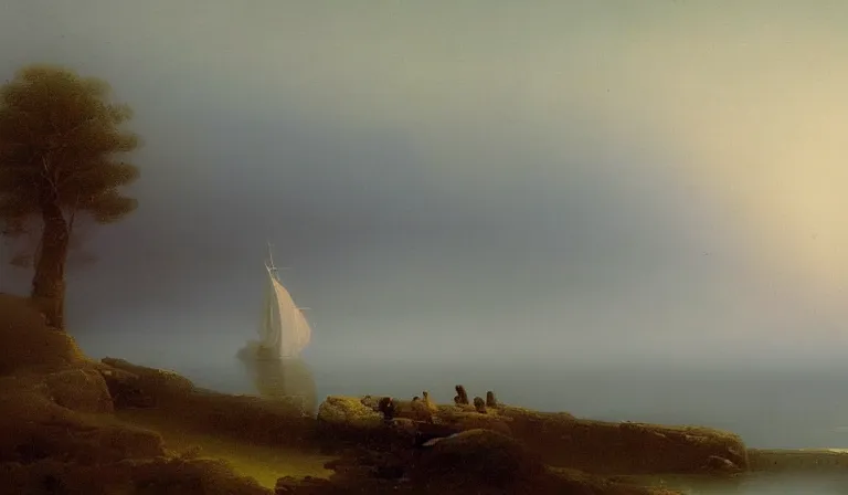 Prompt: A serene landscape with a singular building in the style of Ivan Aivazovsky.