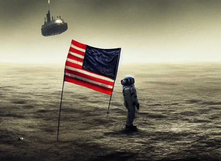 Image similar to astronaut holding a flag in an underwater desert. a submarine is visible in the distance. dark, concept art, cinematic, dramatic, atmospheric, 8 k, trending on artstation, blue, fish, low visibility, fog, ocean floor, christopher nolan, interstellar