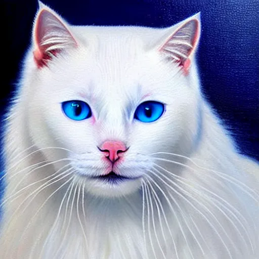 Image similar to epic professional oil painting of a gorgeous white cat with blue eyes, epic, stunning, gorgeous, intricate detail, much wow, 4K, masterpiece