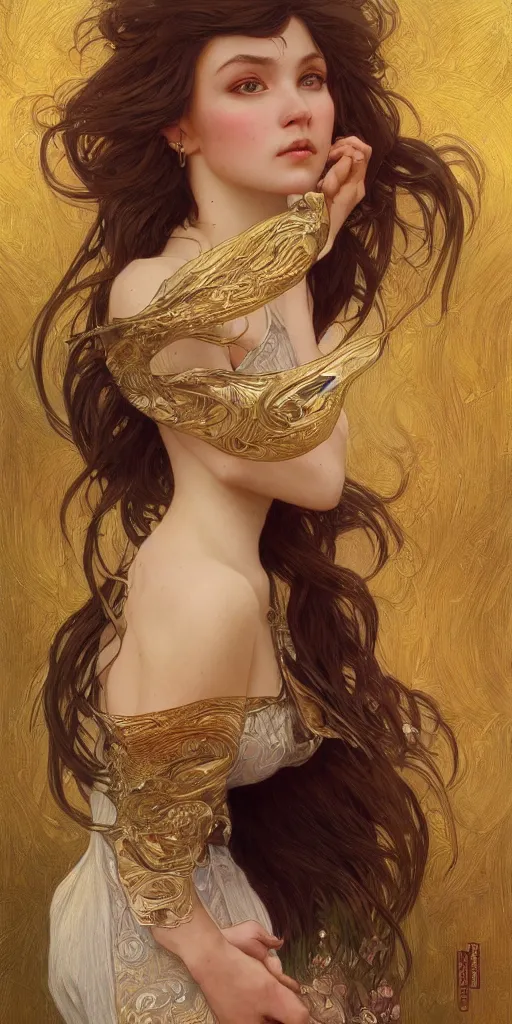 Prompt: ultra realistic illustration studio of a beautiful girl in an artistic pose, intricate, elegant, highly detailed, digital painting, artstation, concept art, smooth, sharp focus, illustration, art by artgerm and greg rutkowski and alphonse mucha by klimt