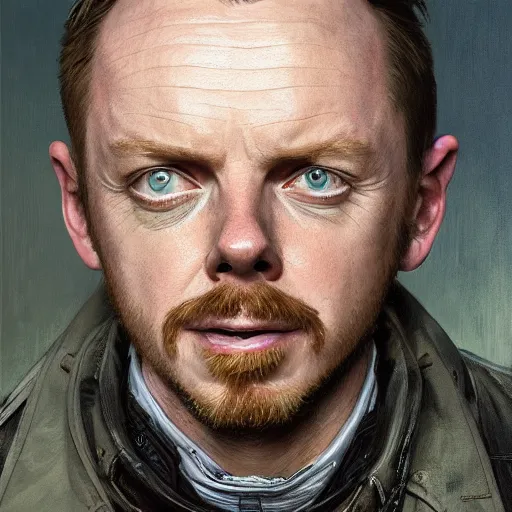 Image similar to portrait painting of joyful simon pegg with a winchester, ultra realistic, concept art, intricate details, eerie, highly detailed, photorealistic, octane render, 8 k, unreal engine. art by artgerm and greg rutkowski and alphonse mucha