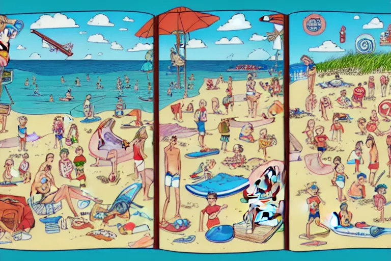 Image similar to a full page spread from the where's waldo at the beach book, waldo in the top right of frame, high detail illustration, coherent