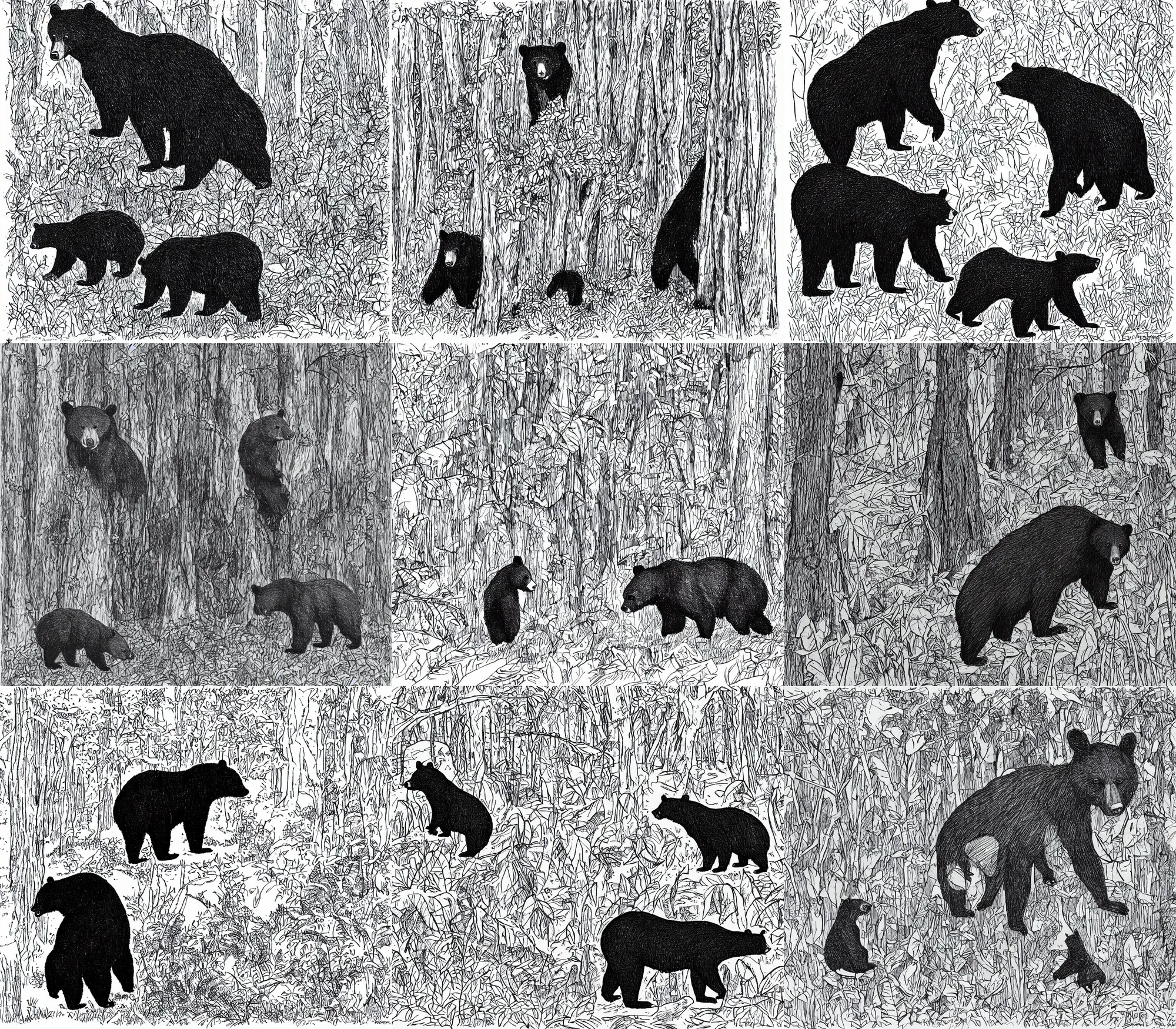 Prompt: one individual black bear in the forest, by John Gould, cartoon, black and white, line art, pen & ink drawing, character concept