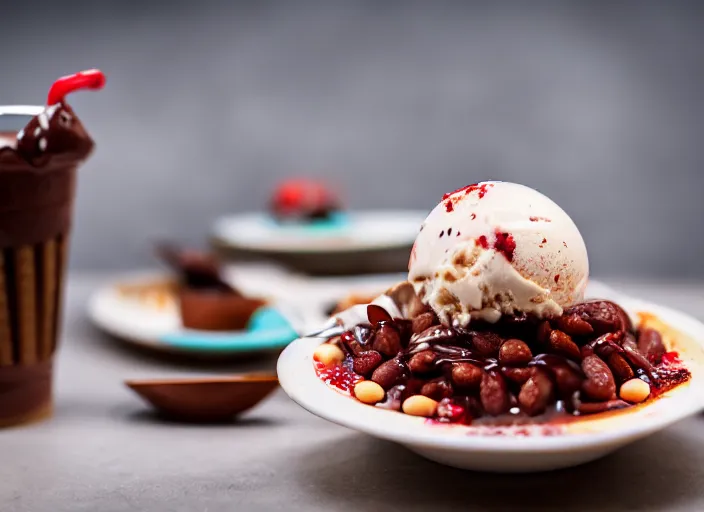 Image similar to dslr food photograph of ice cream sundae with baked bean topping, 8 5 mm f 1. 8