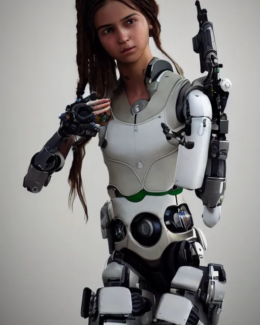 Image similar to centered portrait of soulful young lara croft as a solarpunk mecha humanoid robotic parts wearing with bright led lights, real human face, pudica gesture bouguereau style, in white room, ultra - realistic and intricate, soft portrait shot 8 k