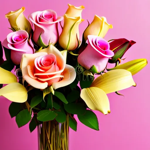 Image similar to studio photo of a bouquet of different shades of pink roses and lilies. window sun reflected in a light yellow background. amazing photography and lighting, bokeh,