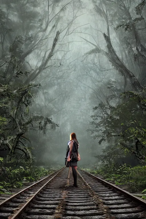 Prompt: Girl standing on the left at the old train station looking forward to the train, old train heading to station with lights on, dense creepy forest with a lot of detail, the tracks covered with vegetation, 50mm photo, highly detailed, hyper realistic, matte painting, 4k, 8k resolution, trending on artstation, octane render, unreal engine, cinematic