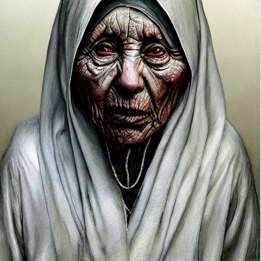 Image similar to a hyperrealistic painting of mother theresa as a zombie, by santiago caruso, highly detailed, sharp focus,
