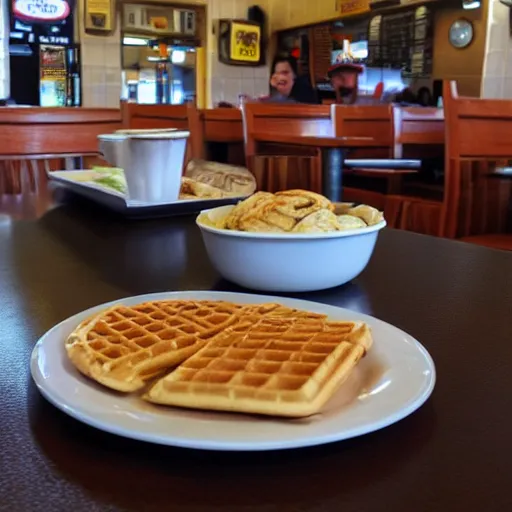 Image similar to first person perspective picture of arms on table, wafflehouse