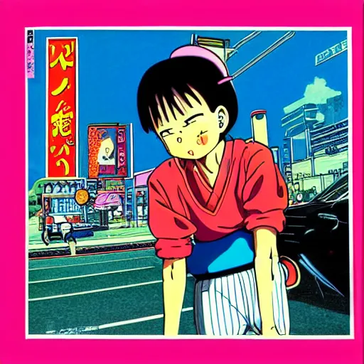 Image similar to album - cover of a 1 9 8 0 s japanese city - pop record featuring an anime illustration by akira toriyama. cute stylish woman ; sports car ; neon ; urban summer drive.