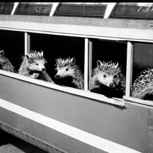 Image similar to hedgehogs on a schoolbus, photo, 1 9 6 0 s psychedelic