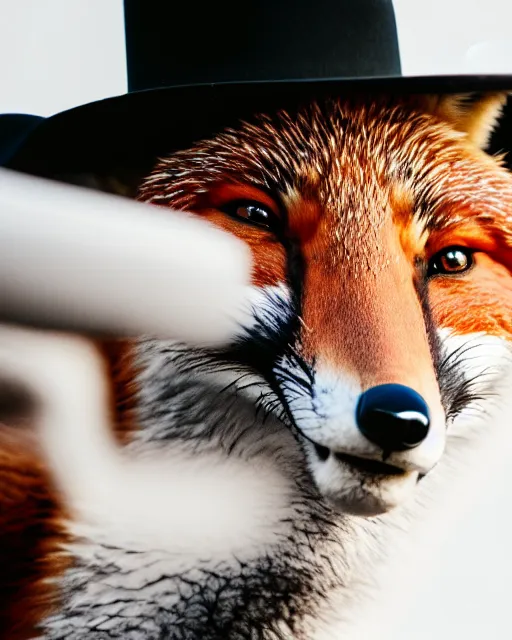 Prompt: close up photo of a fox wearing a suit, white cowboy hat, and aviator sunglasses, holding a cigar, highly detailed photograph, smooth, global illumination, 8 5 mm f / 1. 4