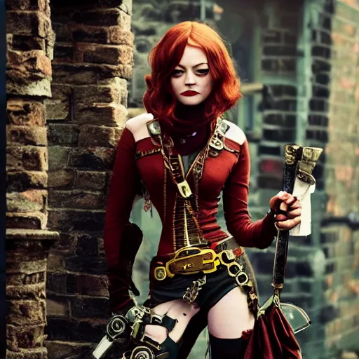 Image similar to full body photo of emma stone as a steampunk rogue with daggers