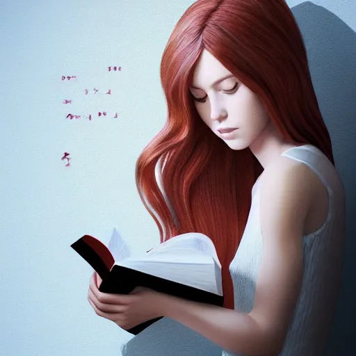 Prompt: a girl reading a book, her hair flowing down, symmetric!!, anatomically correct, concept style, trending on artstation, concept art, detailed, octane render, cinematic, photo-realistic, 8k, high detailed