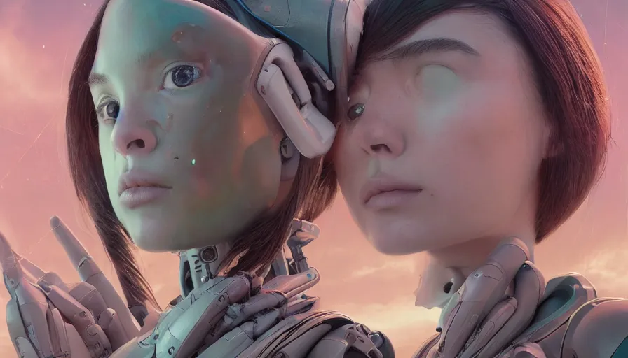 Image similar to intimacy, highly detailed surreal vfx portrait of a robot android, ana de armas, madison beer, stephen bliss, unreal engine, greg rutkowski, loish, rhads, beeple, makoto shinkai and lois van baarle, ilya kuvshinov, rossdraws, tom bagshaw, global illumination, detailed and intricate environment