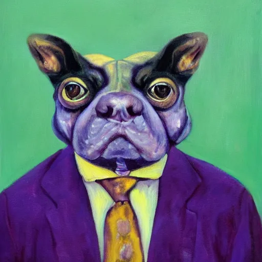 Image similar to Portrait of a psychotic crossbreed between a rabid dog and a toad, in a purple suit, oil painting