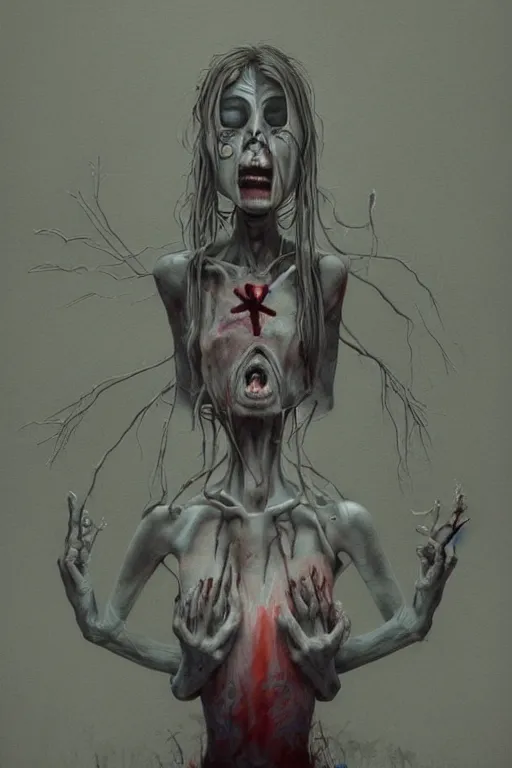 Image similar to low angle surrealism crayon cartoon grunge of a creepy horror nurse girl . intricate artwork. nightmare fuel. terrifying. by zdzisław Beksiński, wlop, dan mumford , trending on artstation, greg rutkowski very coherent symmetrical artwork. cinematic, hyper realism, high detail, octane render, 8k