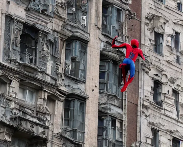 Prompt: photograph of spider - man on a building movie set