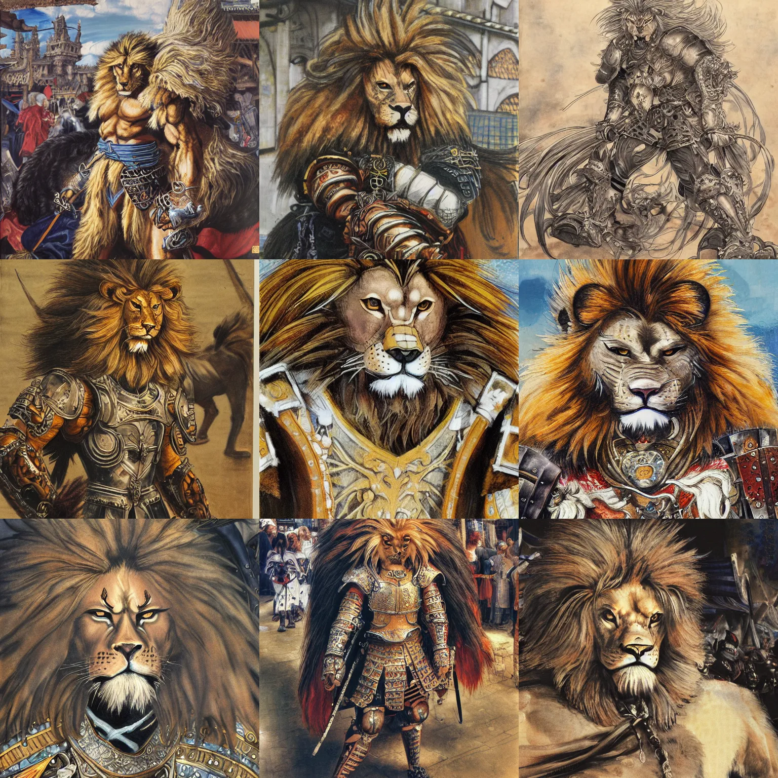Prompt: 8k Yoshitaka Amano painting of upper body of a young cool looking lion beast-man with white mane at a medieval market at windy day. Depth of field. He is wearing complex tribal armors. He has huge paws. Renaissance style lighting.