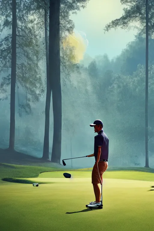 Image similar to close-up of an athletic golf player in a lush golf course with automatic watering, low angle, magical lights, golden hour, surrounded by burning forests, smoke from the fire, digital painting, cinematic, 4k, forest ray light, particles light, ilya kuvshinov, Greg Rutkowski, Beeple