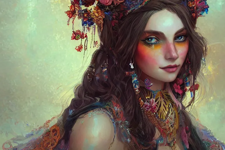 Prompt: a beautiful bohemian girl, intricate, highly detailed, digital painting, pixiv, artstation, official media, concept art, rich vivid colors, ambient lighting, sharp focus, illustration, art by erak note