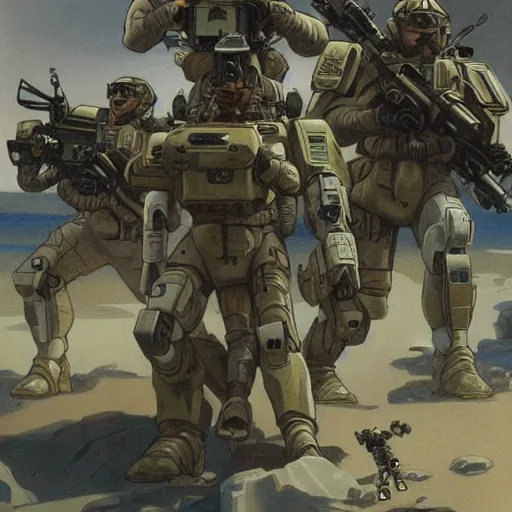 Prompt: USN mechs patrol Australian neutral zone with Special forces recon. 2087. Concept art by James Gurney and Alphonso Mucha