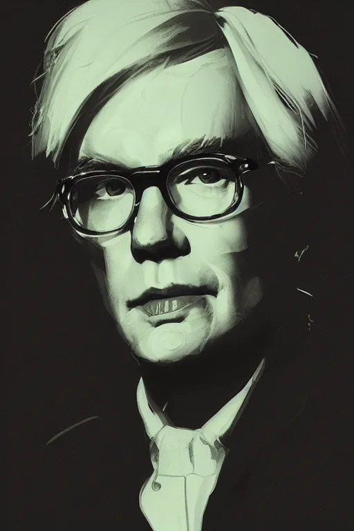 Image similar to portrait of andy warhol, staring directly into camera, intricate, elegant, glowing lights, highly detailed, digital painting, artstation, sharp focus, illustration, art by wlop, mars ravelo and greg rutkowski