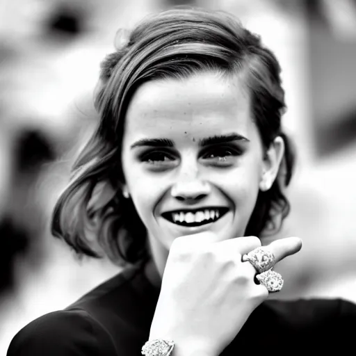 Prompt: A photo of laugh emma watson showing wedding ring on his finger. 50 mm. perfect ring. award winning photography