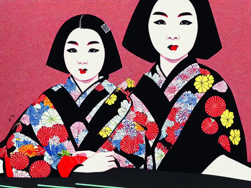 Image similar to hyperrealistic composition of the detailed woman in a japanese kimono sitting at a extremely detailed poker table with detailed darth vader, fireworks, mount fuji on the background, pop - art style, jacky tsai style, andy warhol style, acrylic on canvas