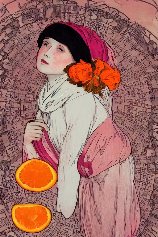 Image similar to a Girl in a large hood sitting on the ground , Slices of orange, cd , microphones ,pink Petals,graphic Design by rella and mucha ,Refreshing colour