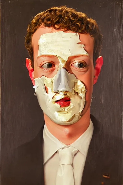 Image similar to Mark Zuckerberg peeling away his face like a mask to reveal that he’s an Android, oil on canvas, golden hour, artstation, by J. C. Leyendecker and Peter Paul Rubens,