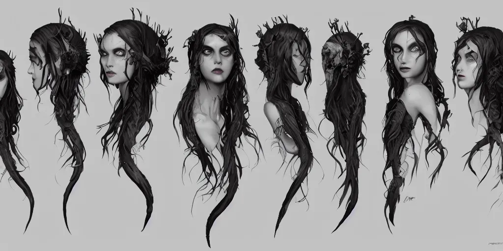 Image similar to gothic mermaid character face detail designs, Greg Rutkowski, character sheet, kim jung gi, Darek Zabrocki, Karlkka, Jayison Devadas, Phuoc Quan, trending on Artstation, 8K, ultra wide angle, pincushion lens effect