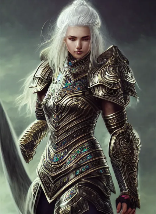 Prompt: warrior, intricate ornate opal heavy armor!!! beautiful and athletic white hair female!! gorgeous face and eyes!! character concept art, sharp focus, octane render! unreal engine 5! highly rendered!! trending on artstation!! detailed linework!! illustration by artgerm, wlop, and chie yoshii