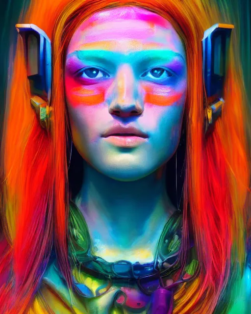 Prompt: colorful portrait of a hippie, set in the future 2 1 5 0 | highly detailed | very intricate | symmetrical | professional model | cinematic lighting | award - winning | painted by mandy jurgens and ross tran | pan futurism, dystopian, bold psychedelic colors, cyberpunk, groovy vibe, anime aesthestic | featured on artstation