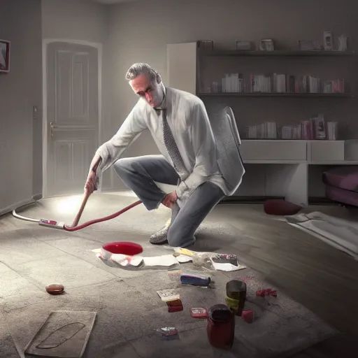 Image similar to close shot of hyperrealistic jordan peterson cleaning his room, award winning artstation