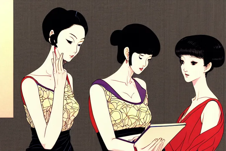 Image similar to portrait of two wise and very beautiful women discussing some texts appearing in a computer screen, art by satoshi kon, intricate, elegant, highly detailed, smooth, sharp focus, artstation