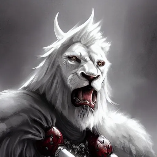 Image similar to anthropomorphic male muscular albino white lion, wearing beautiful vikings armor, darkness aura red light, fantasy, dark, black and white high contrast portrait, character design by charlie bowater, ross tran, artgerm, and makoto shinkai, detailed, inked, western comic book art, 2 0 2 1 award winning film poster paintingy