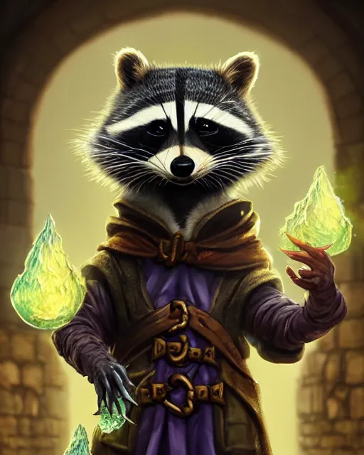Image similar to closeup 2 8 mm anthropomorphic wizard raccoon casting a spell in a castle, d & d, fantasy, intricate, action pose, particle effects, highly detailed, digital painting, artstation, concept art, matte, sharp focus, volumetric lighting, illustration, hearthstone, art by artgerm, wlop, craig mullins, alphonse mucha