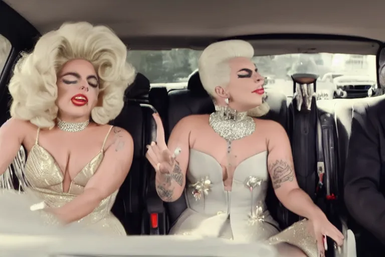 Image similar to lady gaga and judy garland in carpool karaoke, lady gaga, judy garland, red weapon 8 k s 3 5, cooke anamorphic / i lenses, highly detailed, cinematic lighting