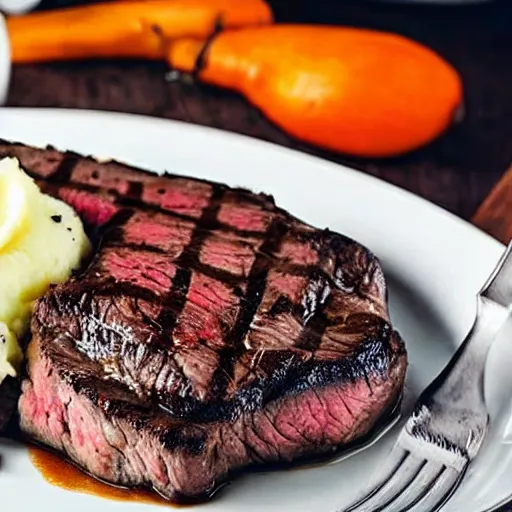 Image similar to a delicious steak, with a side of mashed potatoes, cookbook photo, good composition