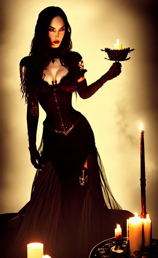 Prompt: megan fox witch queen, black eyes, blood, full body, intricate victorian dress, full body, cinematic lighting, symmetrical eyes, rafael albuquerque, charlie bowater, moody lighting, candles