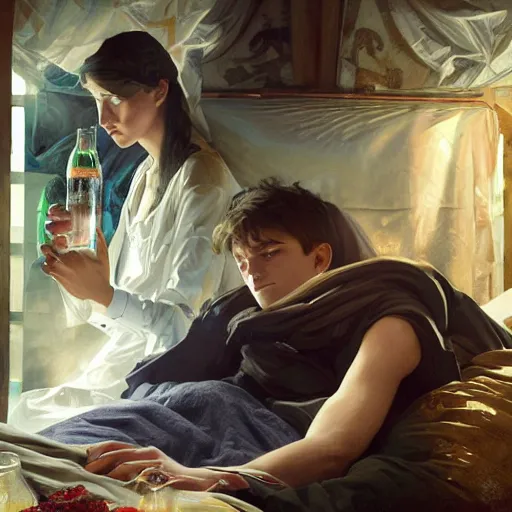 Image similar to young man in tinfoil hat and a girl sleeping in bed close to guinness bottles highly detailed, digital painting, artstation, concept art, smooth, sharp focus, illustration, art by artgerm and greg rutkowski and alphonse mucha