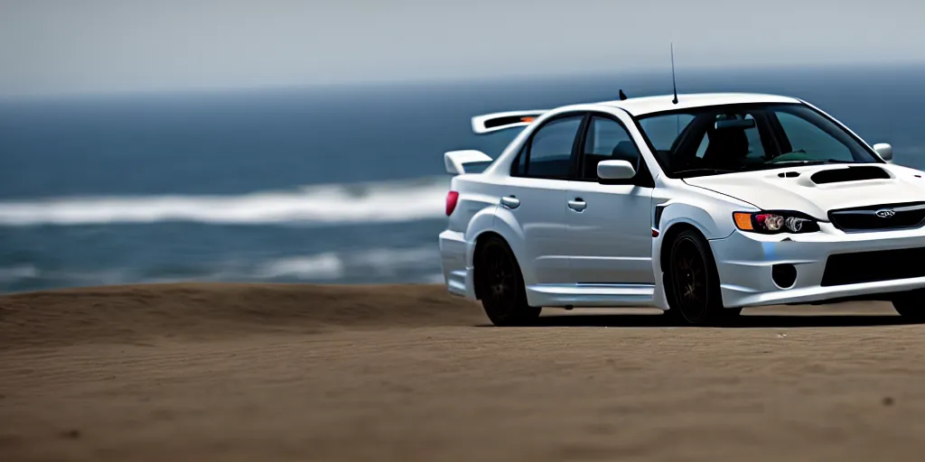 Image similar to photograph, 2007, 2007, 2007 Subaru WRX STi, cinematic, california coast, ocean view, 8k, depth of field, bokeh.