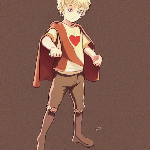 Prompt: blonde boy with golden eyes wearing a brown cape and flying in t pose, in the style of studio ghibli, artgerm