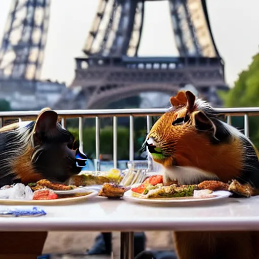 Prompt: two guinea pigs having dinner outside a cafe in Paris in the evening, the eiffel tower is visible in the background