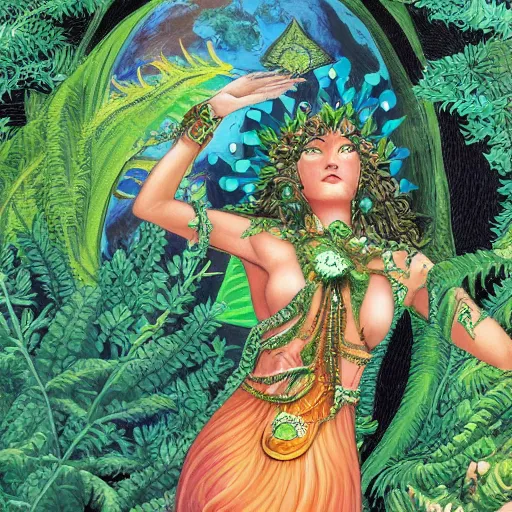 Prompt: earth goddess surveys her domain, plants erupting from the ground, high detail