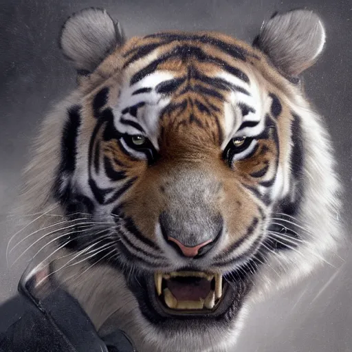 Image similar to a aesthetic award winning commission portrait of a fit anthro tiger wearing military uniform,digital art,art by greg rutkowski,art germ,charles bowater,trevor henderson,detailed beautfiul face,photorealistoc,hyperdetailed,dramatic,artstation,deviantart,professional lighting