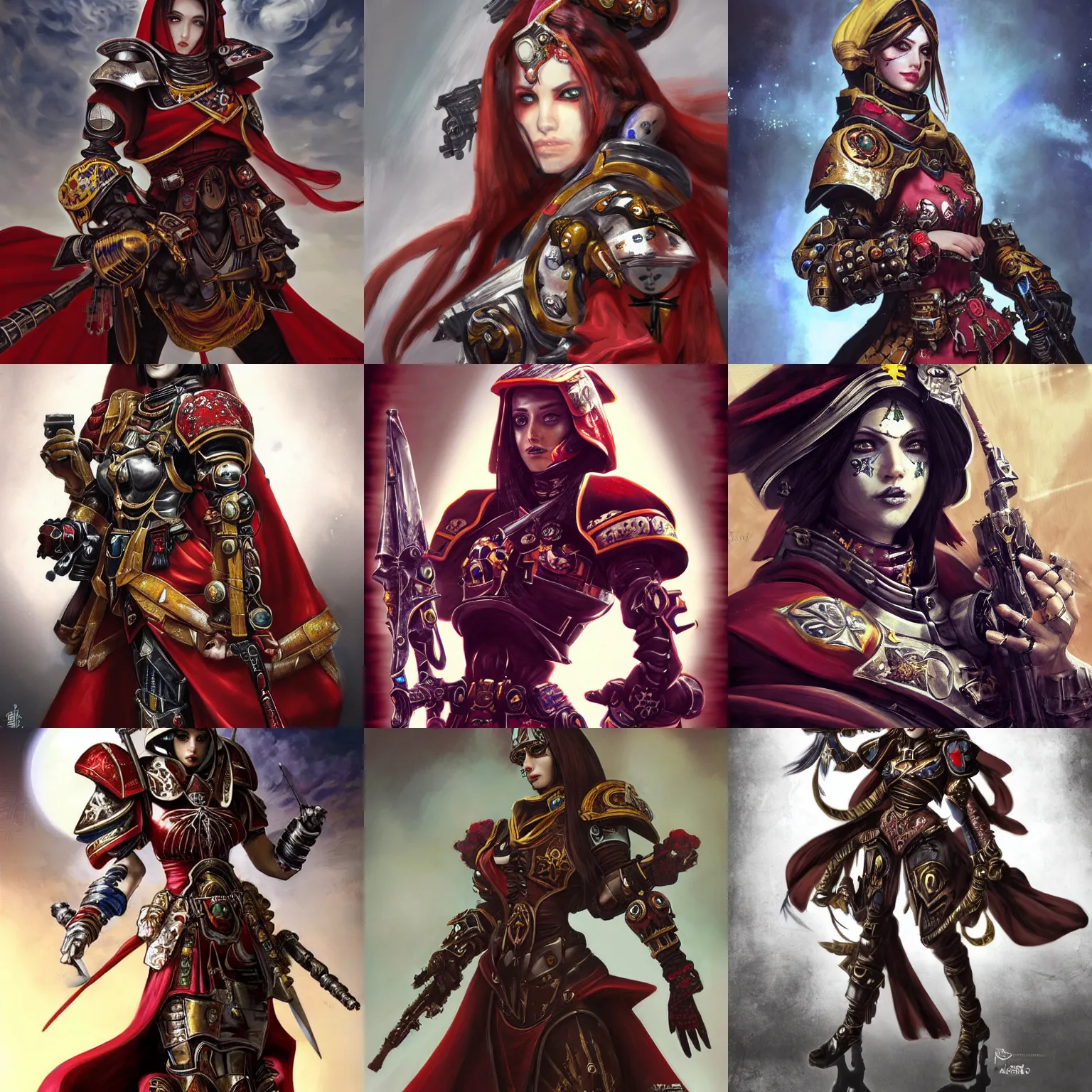 Prompt: a beautiful portrait of a female sororitas battle sister, spanish flamenco details, art by yoshitaka amano and warhammer 4 0 k, trending on artstation, award - winning, perfect composition