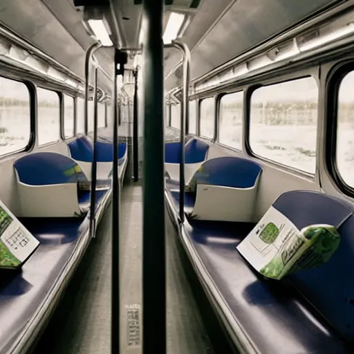 Prompt: A photograph of the inside of a subway train. There are frogs sitting on the seats. One of them is reading a newspaper. The window shows the river in the background.